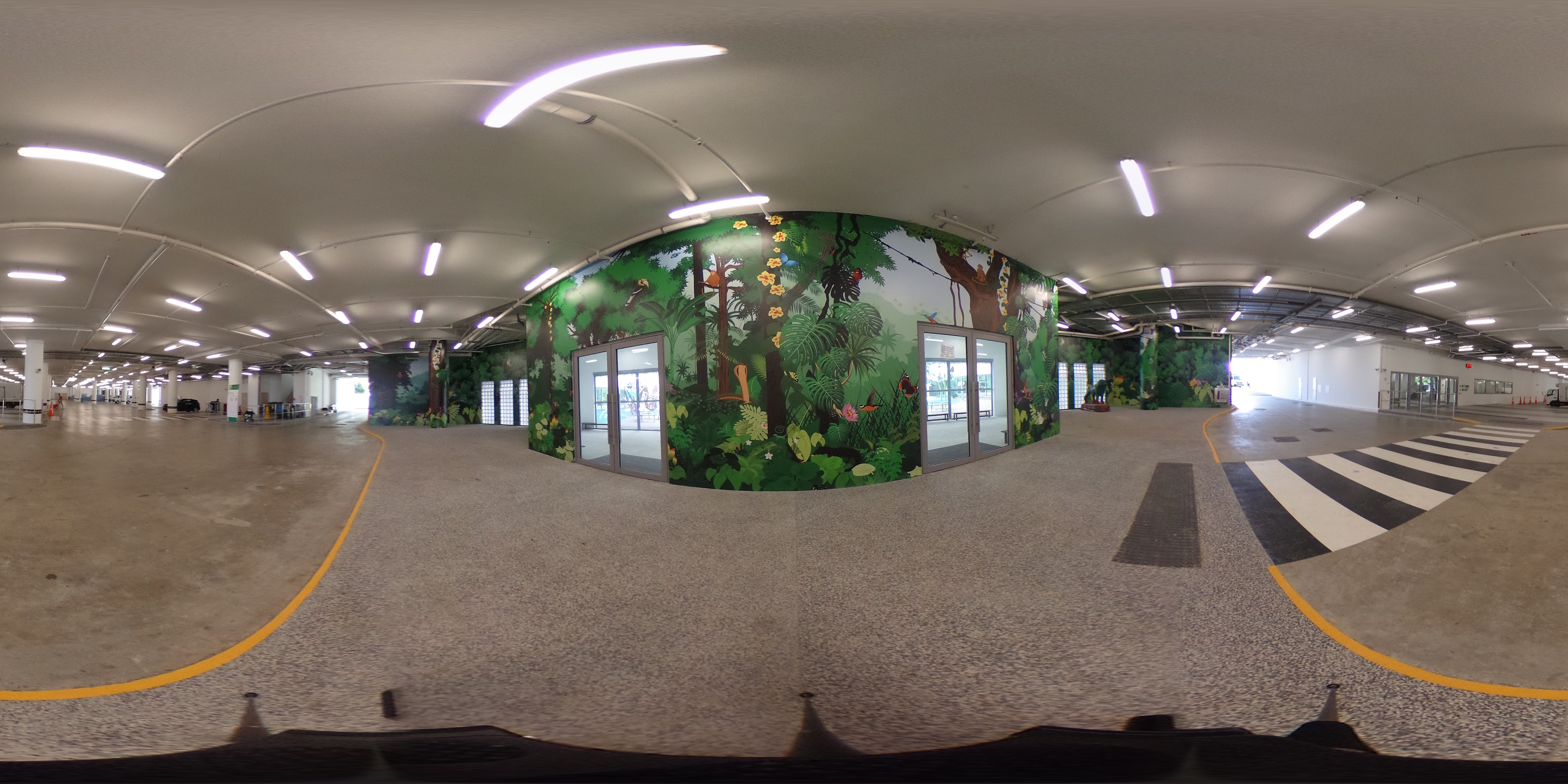 Bright Jungle-Themed Indoor Hallway.
