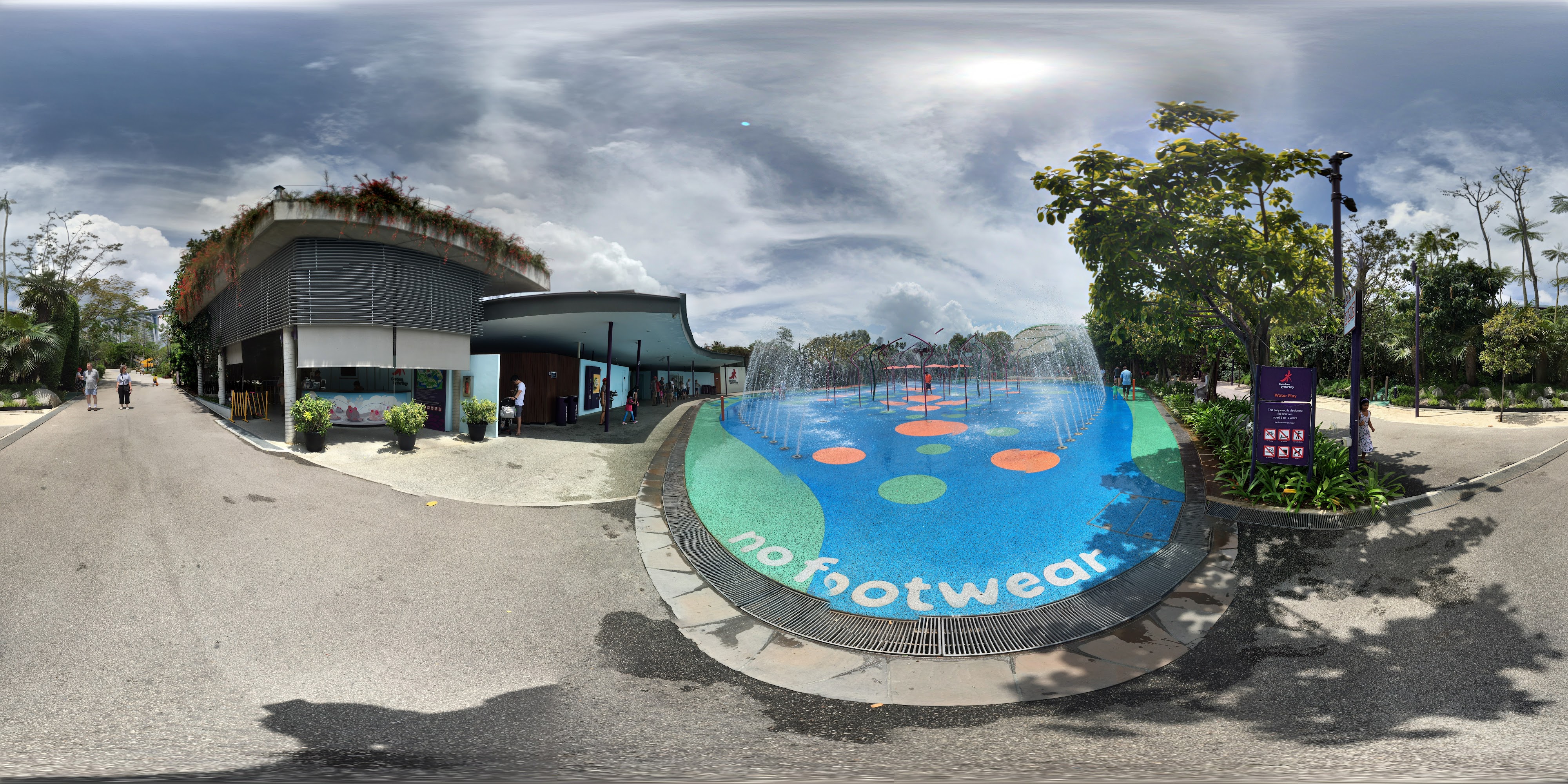 Colorful Fountain and Modern Facades