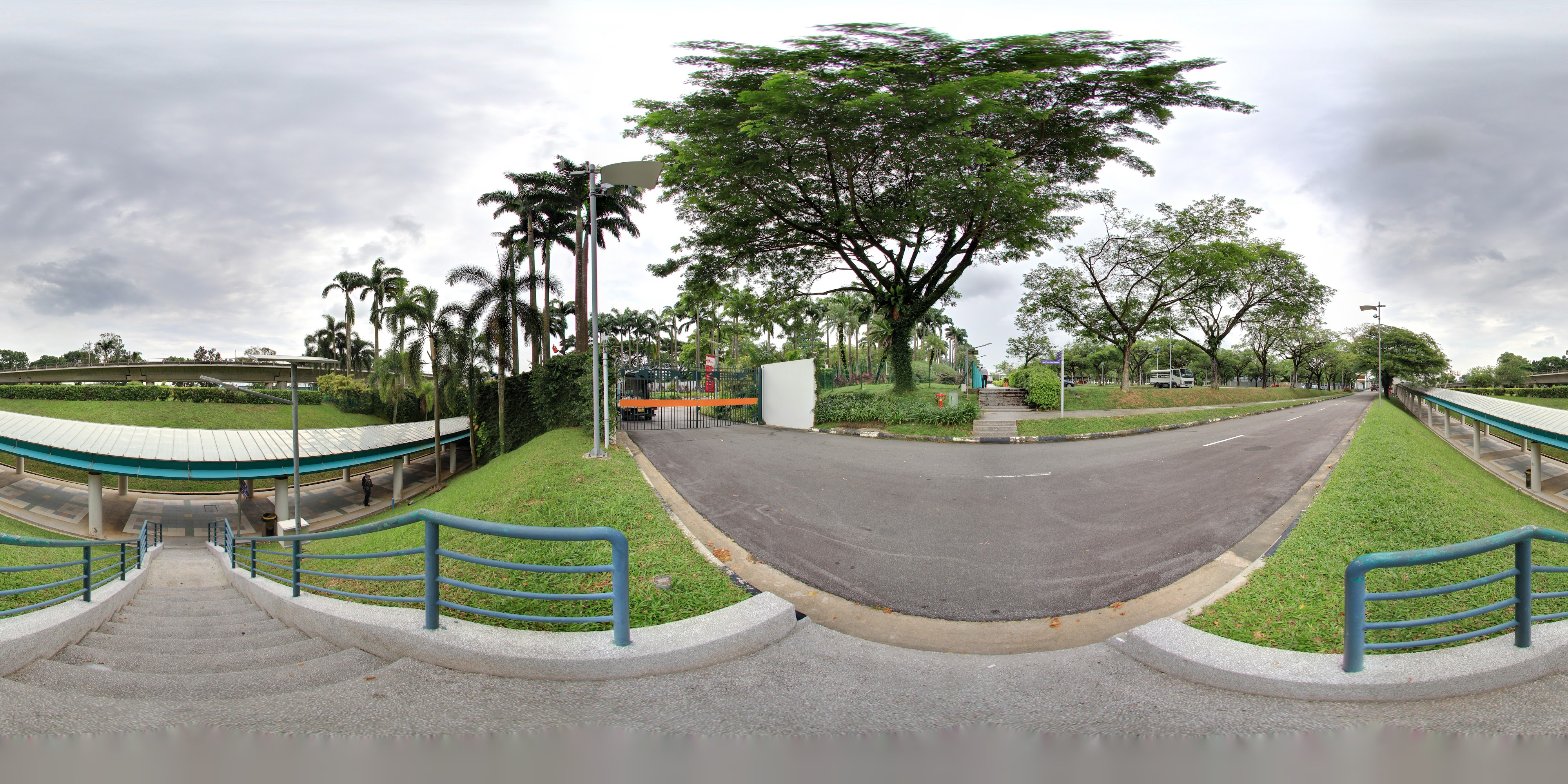 Parking lot with overpass and trees.